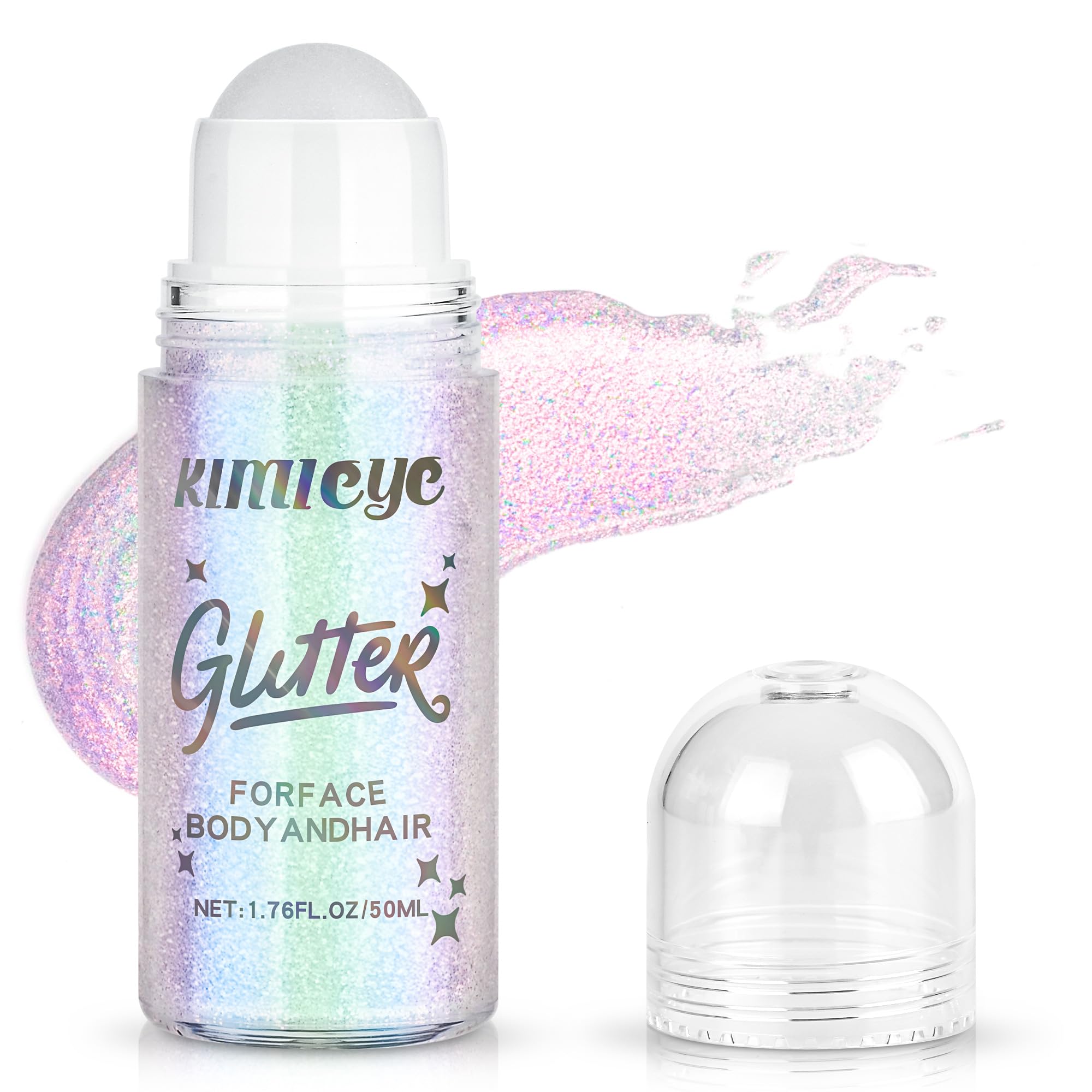 KIMIEYE roll-on glitter bottle close-up showing holographic shimmer on skin