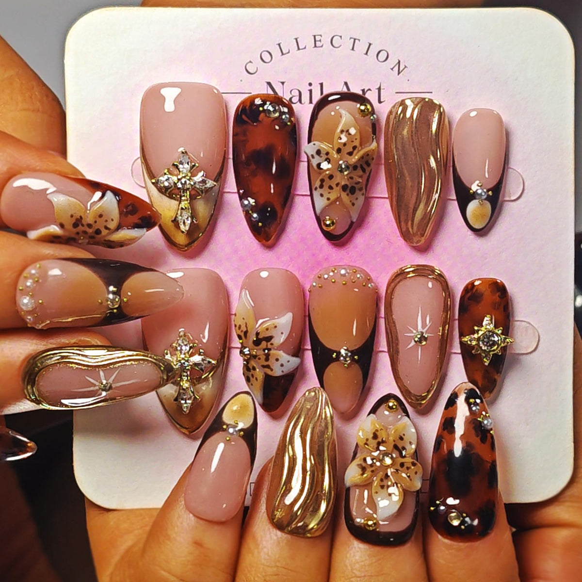 KimKista Amber Bloom-S almond press-on nails for quick at home manicure