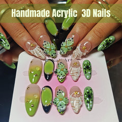 KimKista green 3D flower detail nails add depth and botanical elegance.