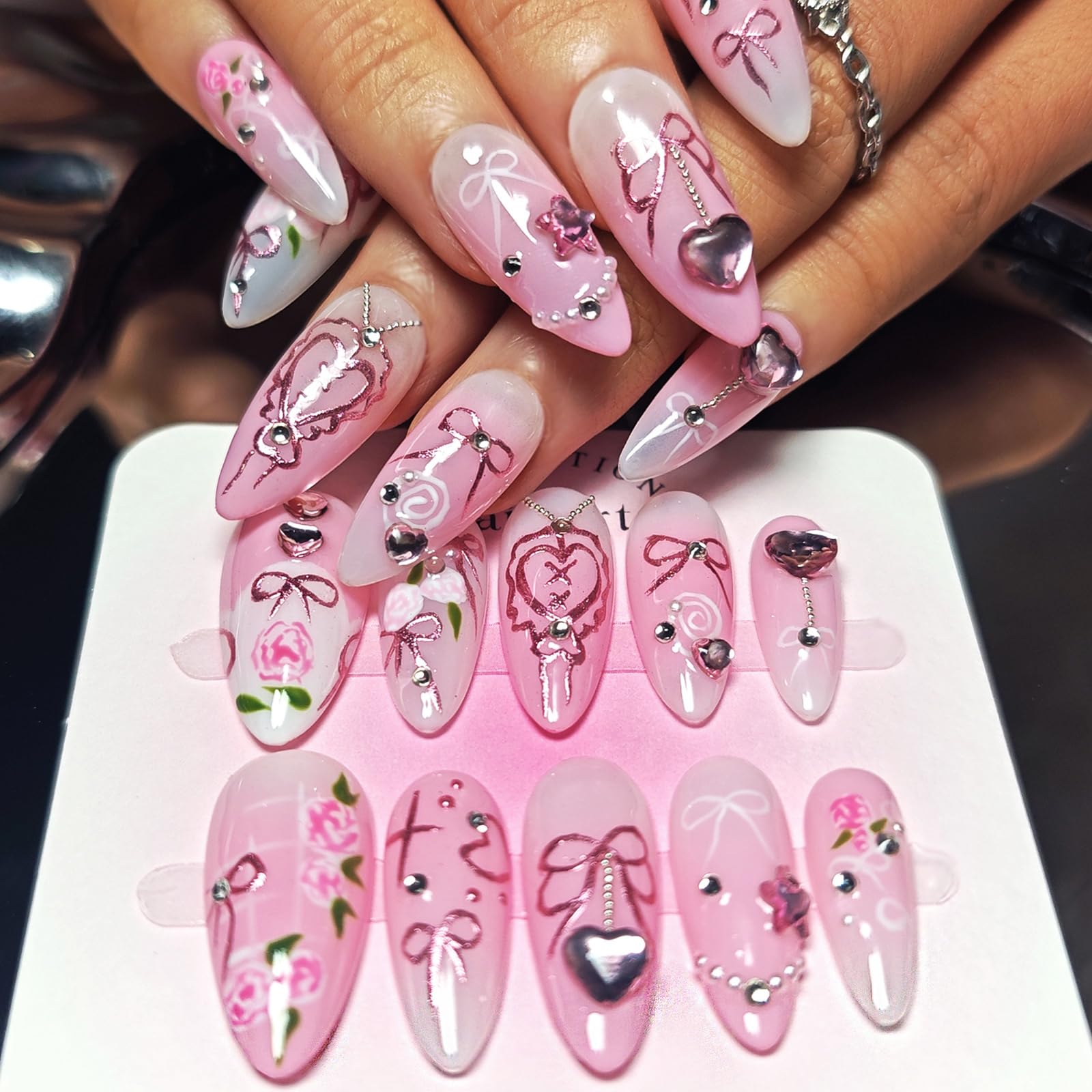 KimKista almond pink ombre nails with 3D hearts for a romantic look
