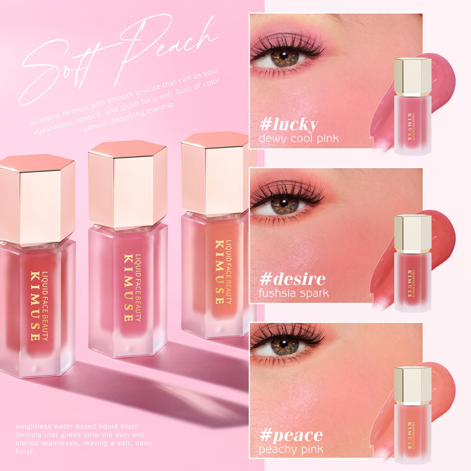 KIMUSE buildable color allows soft or deeper blush with one product.