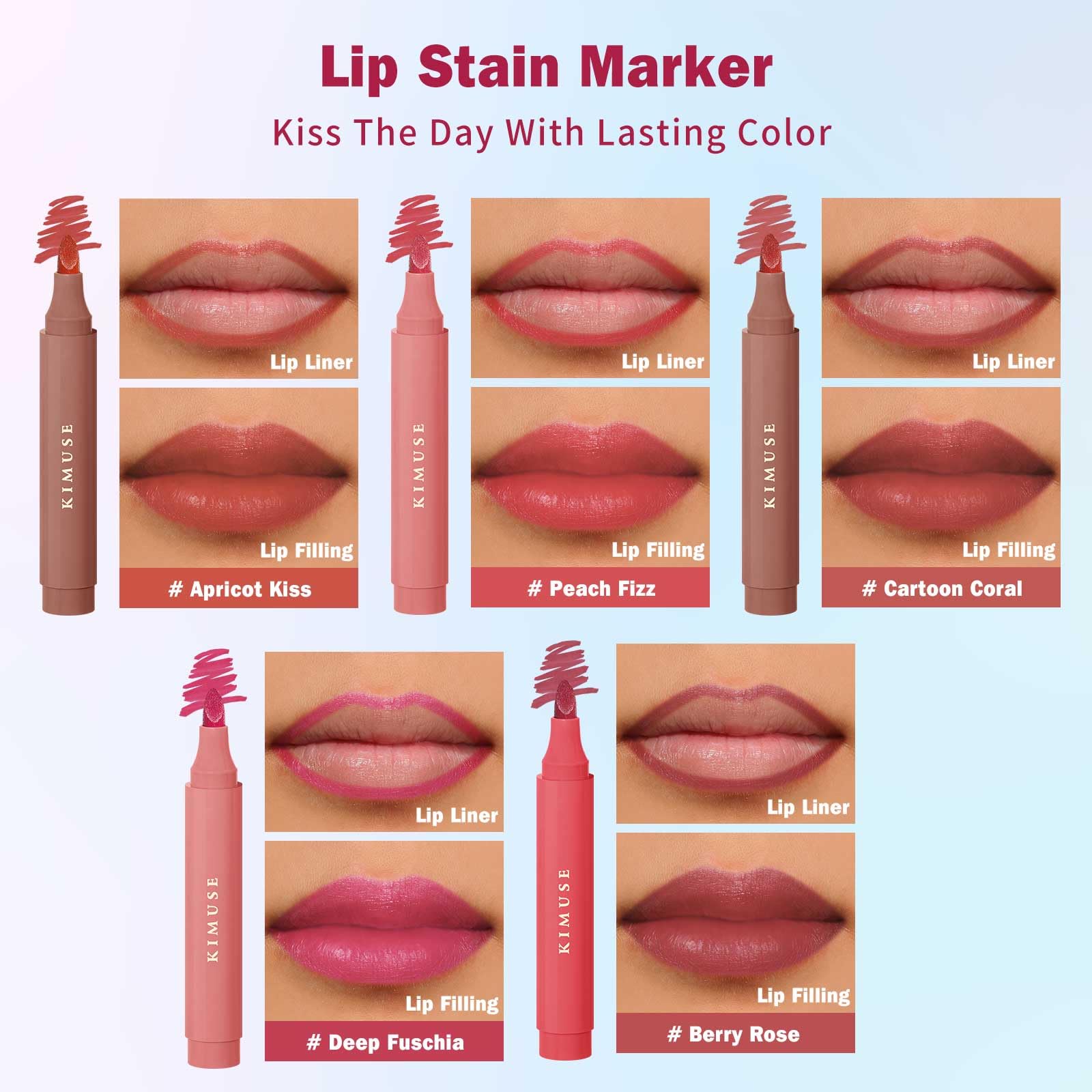 Kimuse lip stain matte natural finish delivers comfortable, natural-looking color.