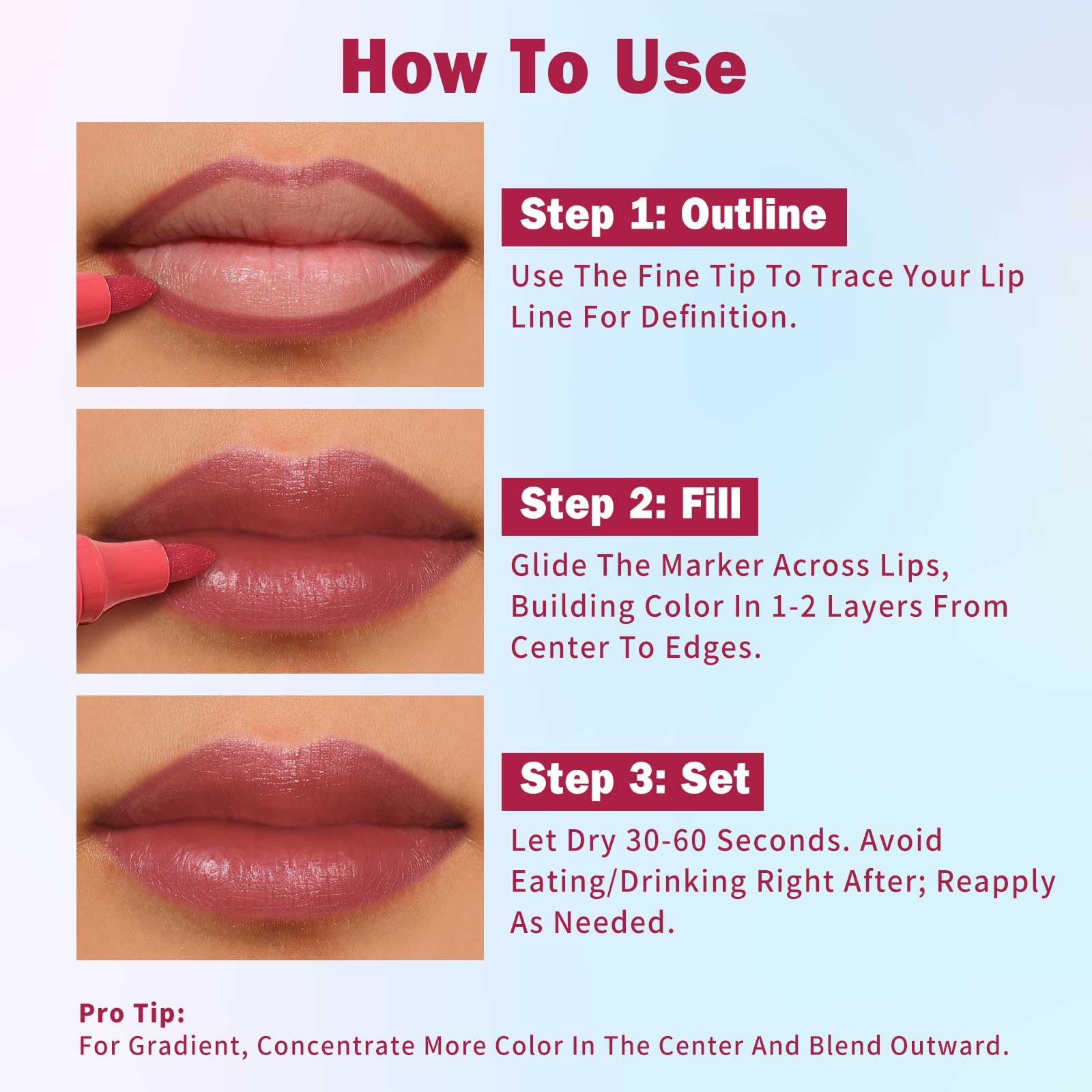 Kimuse lip stain swatches reveal rich pigment and quick-dry texture.