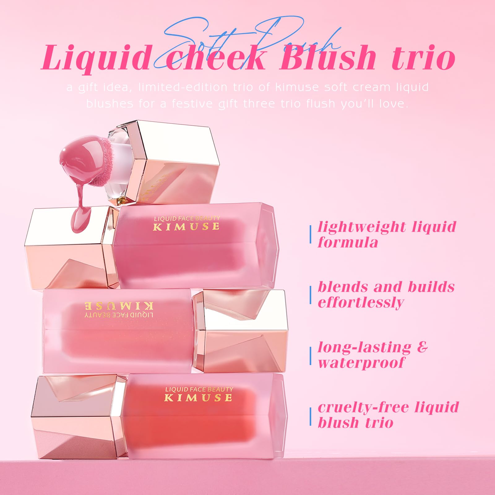 KIMUSE liquid blush easy-application guides smooth sponge-tip tapping for quick, even color.