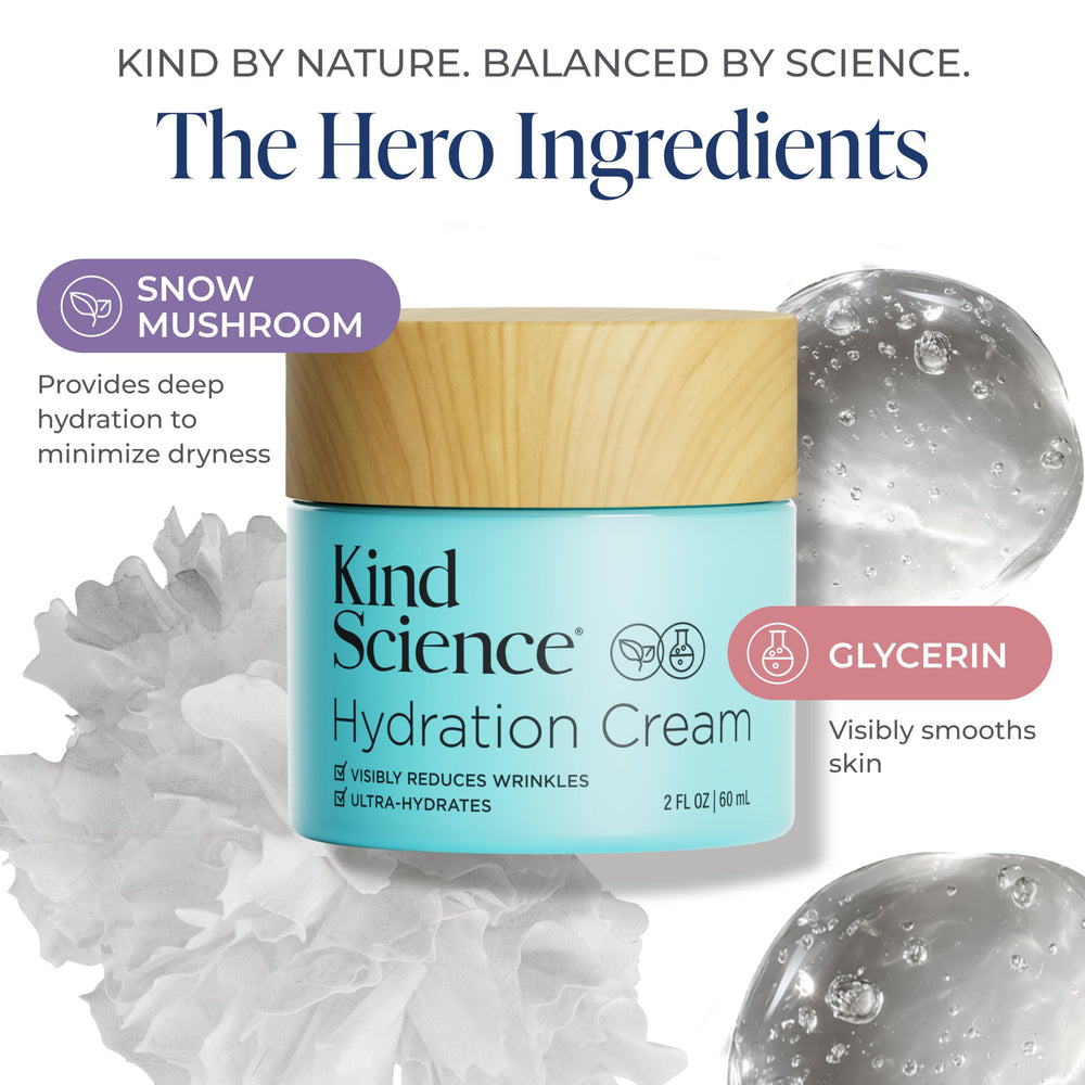 Kind Science Hydration Cream Bakuchiol indicates gentle anti aging support for fine lines.