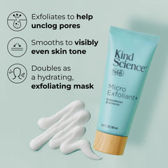 Kind Science Micro Exfoliant tube packaging highlights fragrance-free formula