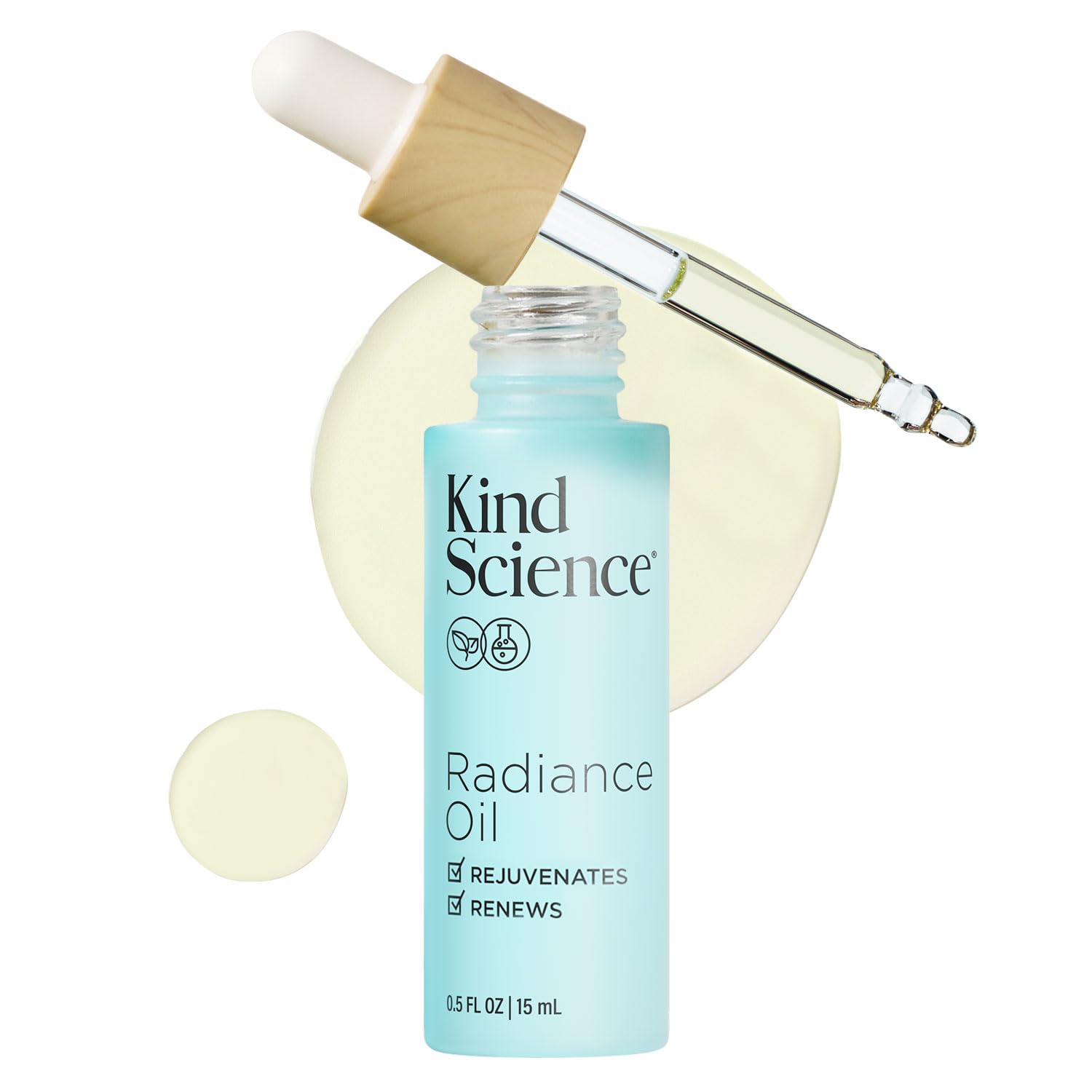 Kind Science Radiance Oil bottle shows vegan, hydrating formula for all skin types.
