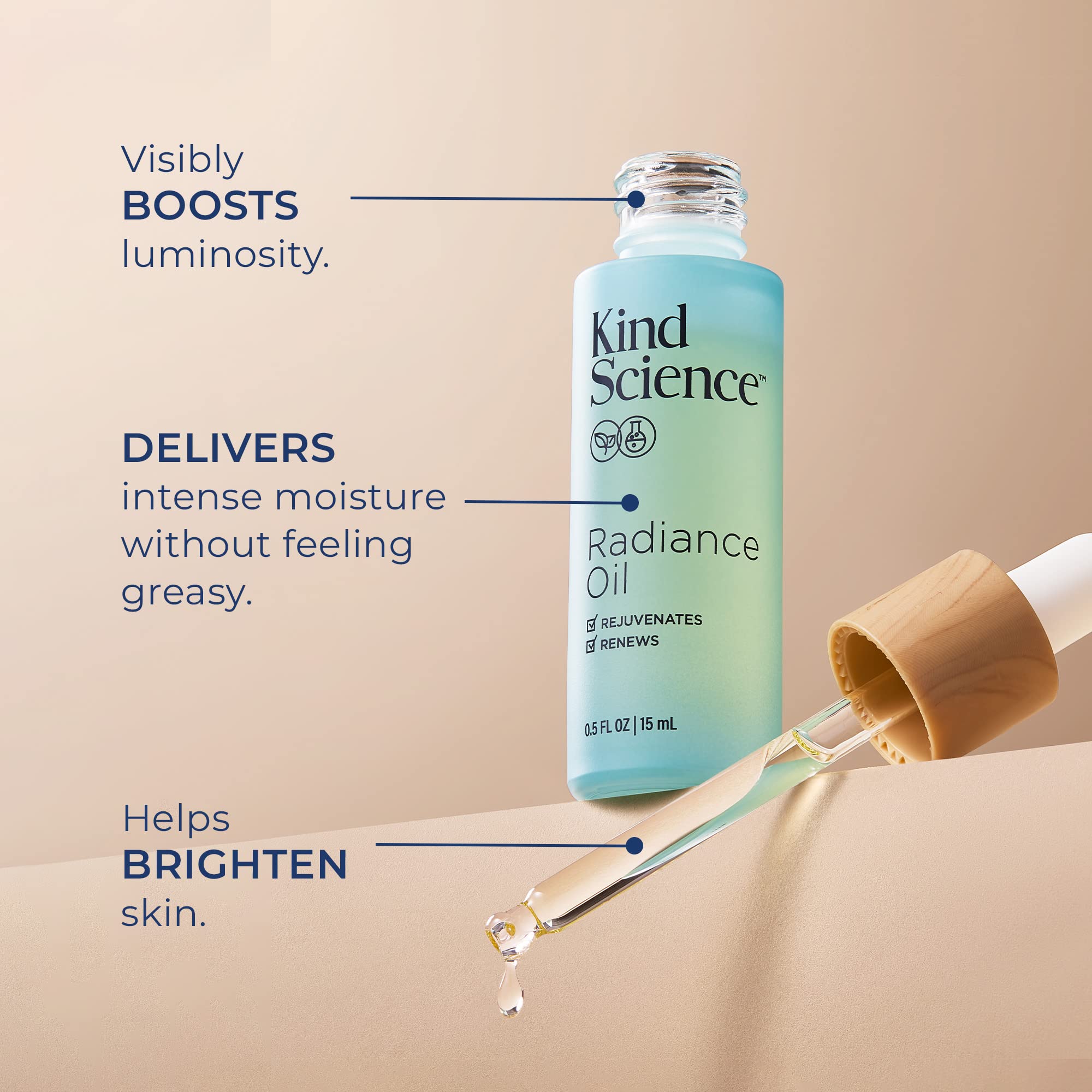 Kind Science Radiance Oil dropper enables precise dosing for non-greasy hydration.