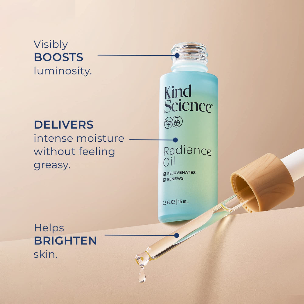 Kind Science Radiance Oil dropper enables precise dosing for non-greasy hydration.