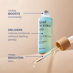 Kind Science Radiance Oil dropper enables precise dosing for non-greasy hydration.