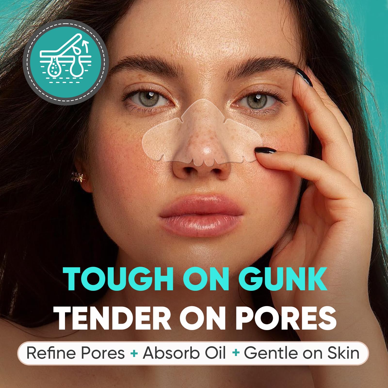 Kindshine nose pore patches placed on the nose showing gentle adhesion for comfortable wear.