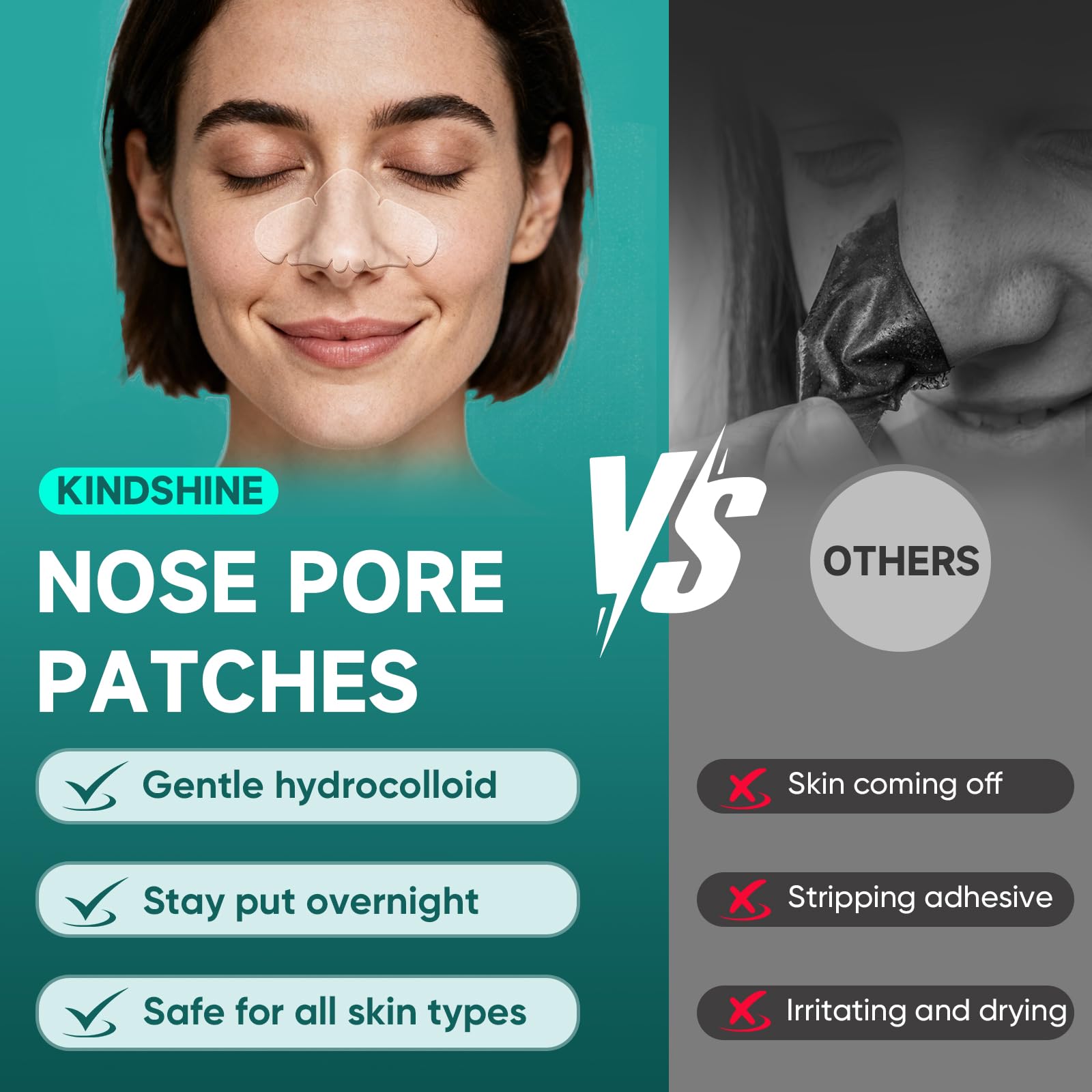Kindshine nose pore patches conforming to facial contours for a discreet, secure fit.