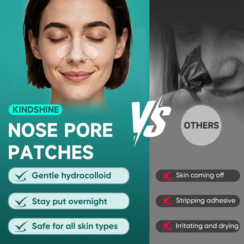 Kindshine nose pore patches conforming to facial contours for a discreet, secure fit.