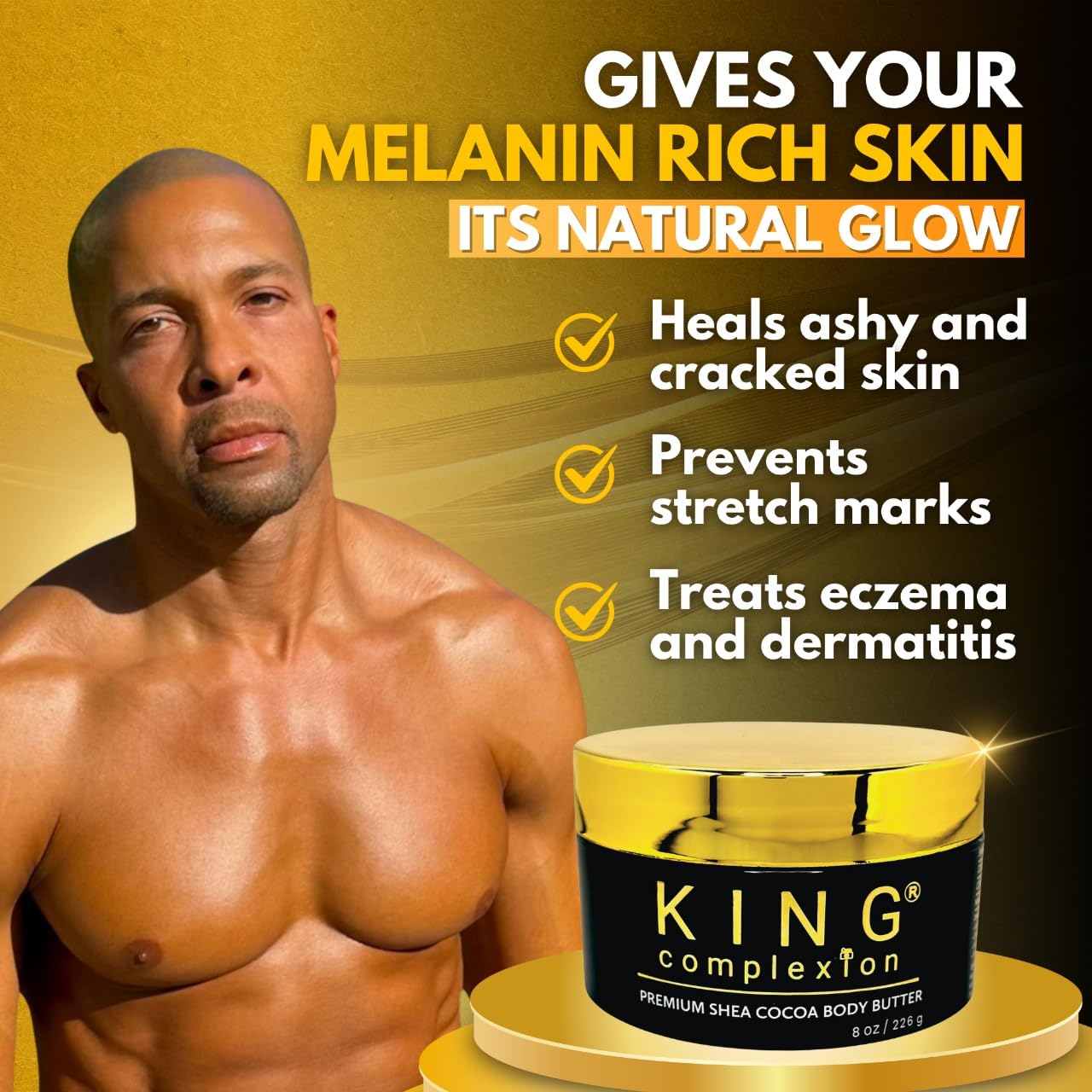 King Complexion Ingredients list highlights organic cocoa and shea butters for nourishment.