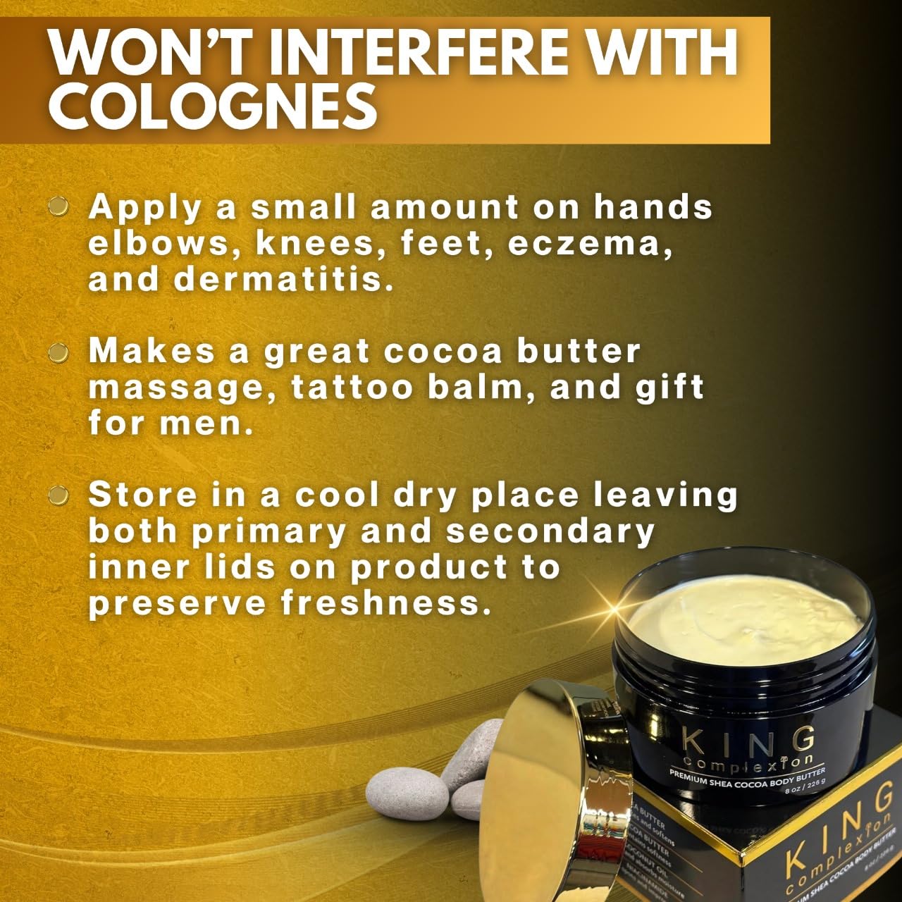 King Complexion Shea Cocoa Body Butter on hands showing targeted moisture.