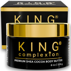 King Complexion Shea Cocoa Body Butter jar closeup showing rich moisturizing texture.
