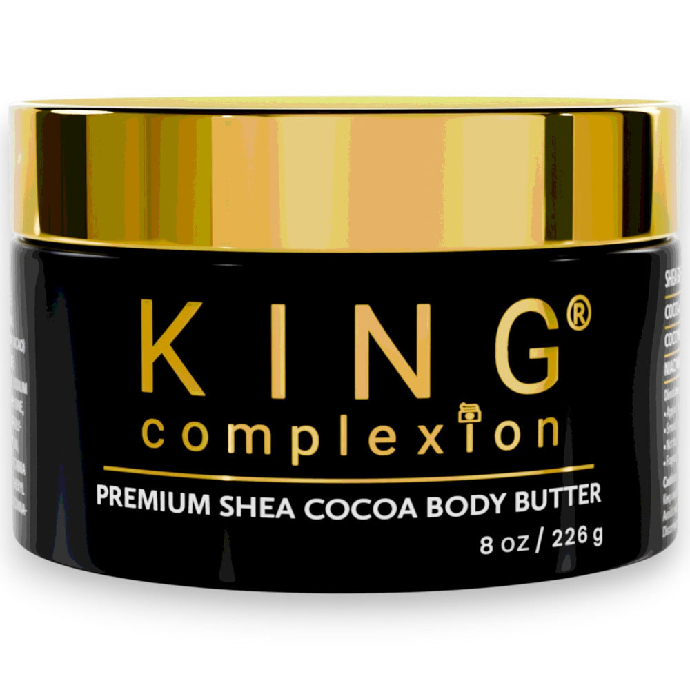 King Complexion Shea Cocoa Body Butter swirl demonstrating thick, non-greasy hydration.