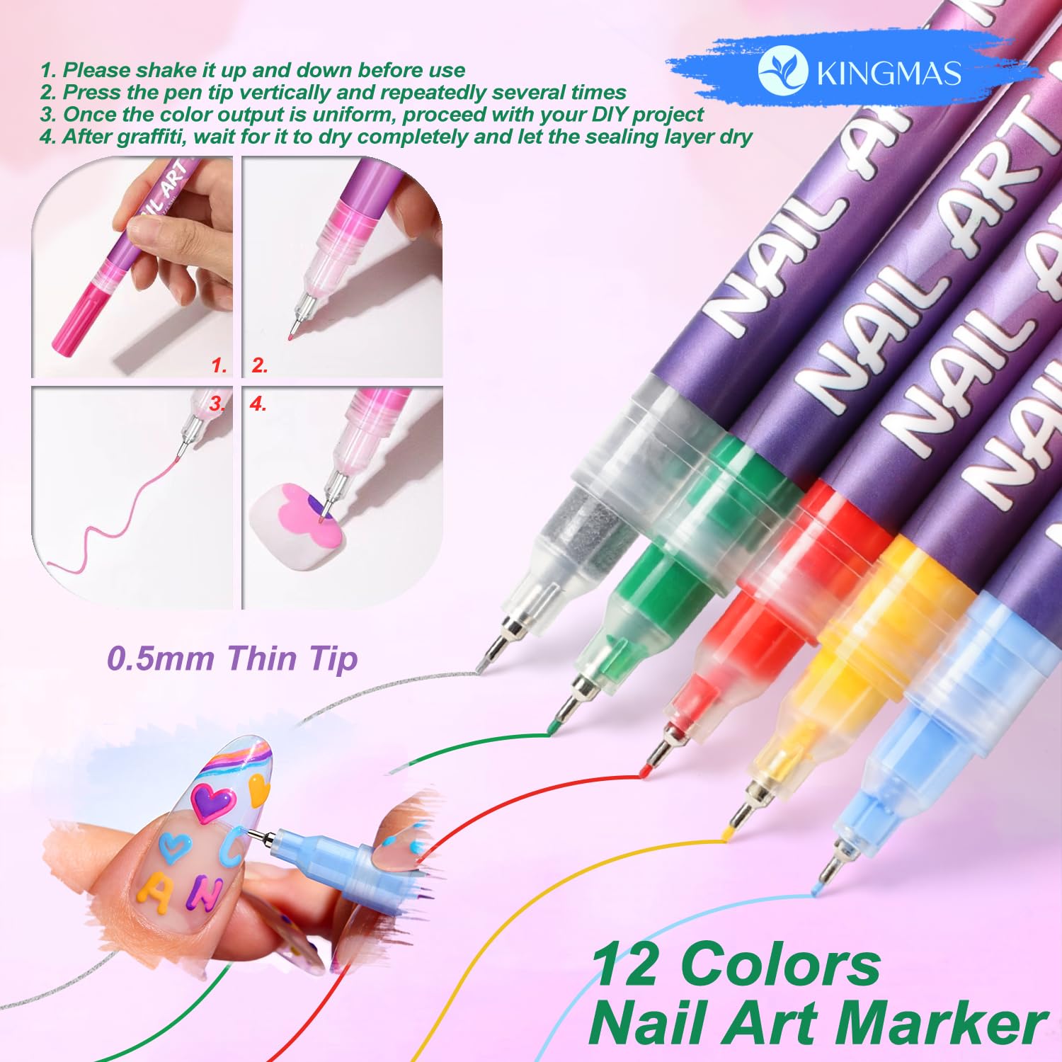 KINGMAS 12-color set offers vibrant hues for shading and layering in nail art.