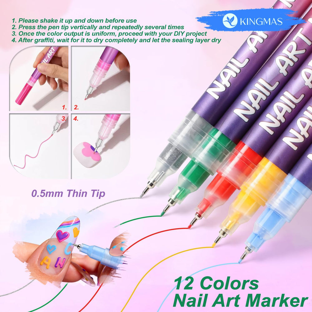 KINGMAS 12-color set offers vibrant hues for shading and layering in nail art.