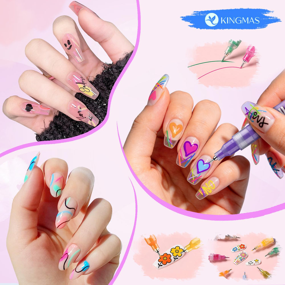 KINGMAS nail art pens enabling DIY flowers, animals, and patterns.