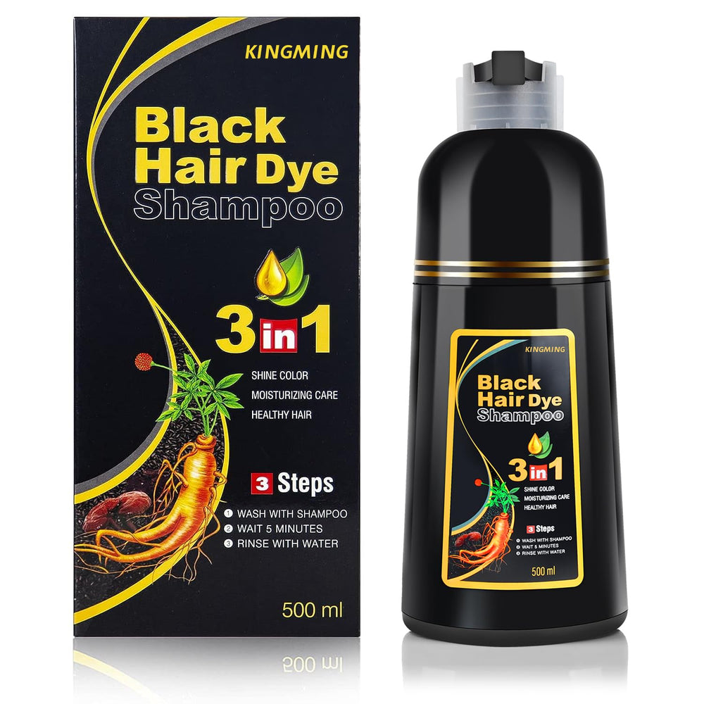 KINGMING Black Hair Dye Shampoo bottle pouring for easy gray coverage