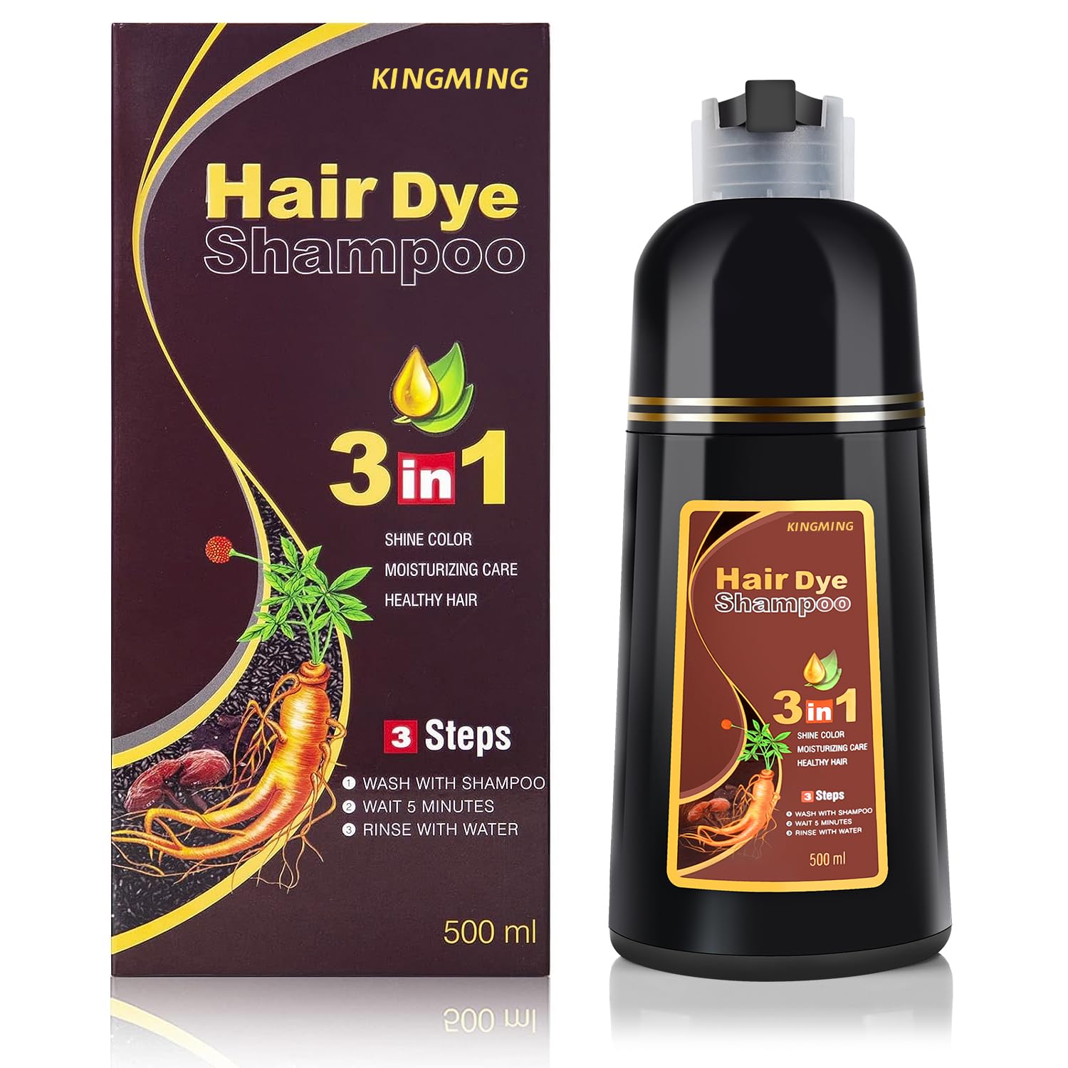 KINGMING Dark Brown Instant Color Shampoo bottle showing instant gray coverage.
