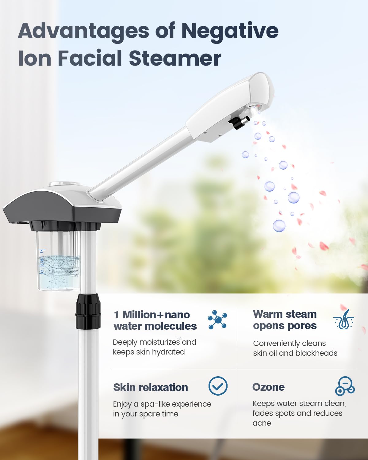 Kingsteam 360-degree nozzle directs steam with precision to the face, neck, and décolletage.
