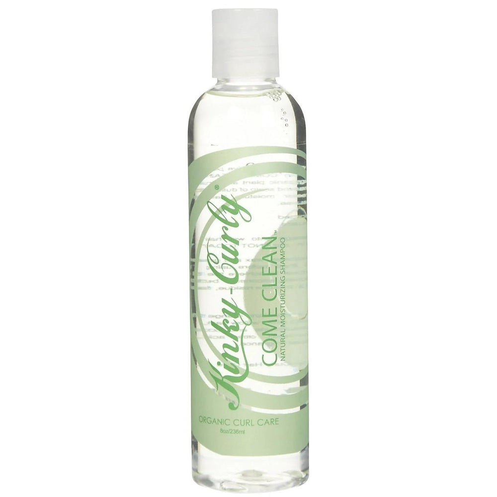 Kinky Curly COME-CLEAN Shampoo bottle and pack, showcasing cleansing action and mineral removal benefits