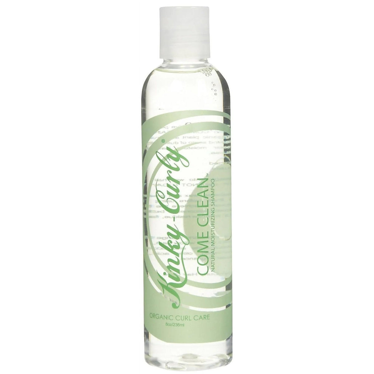 Kinky Curly COME-CLEAN Shampoo bottle and pack, showcasing cleansing action and mineral removal benefits