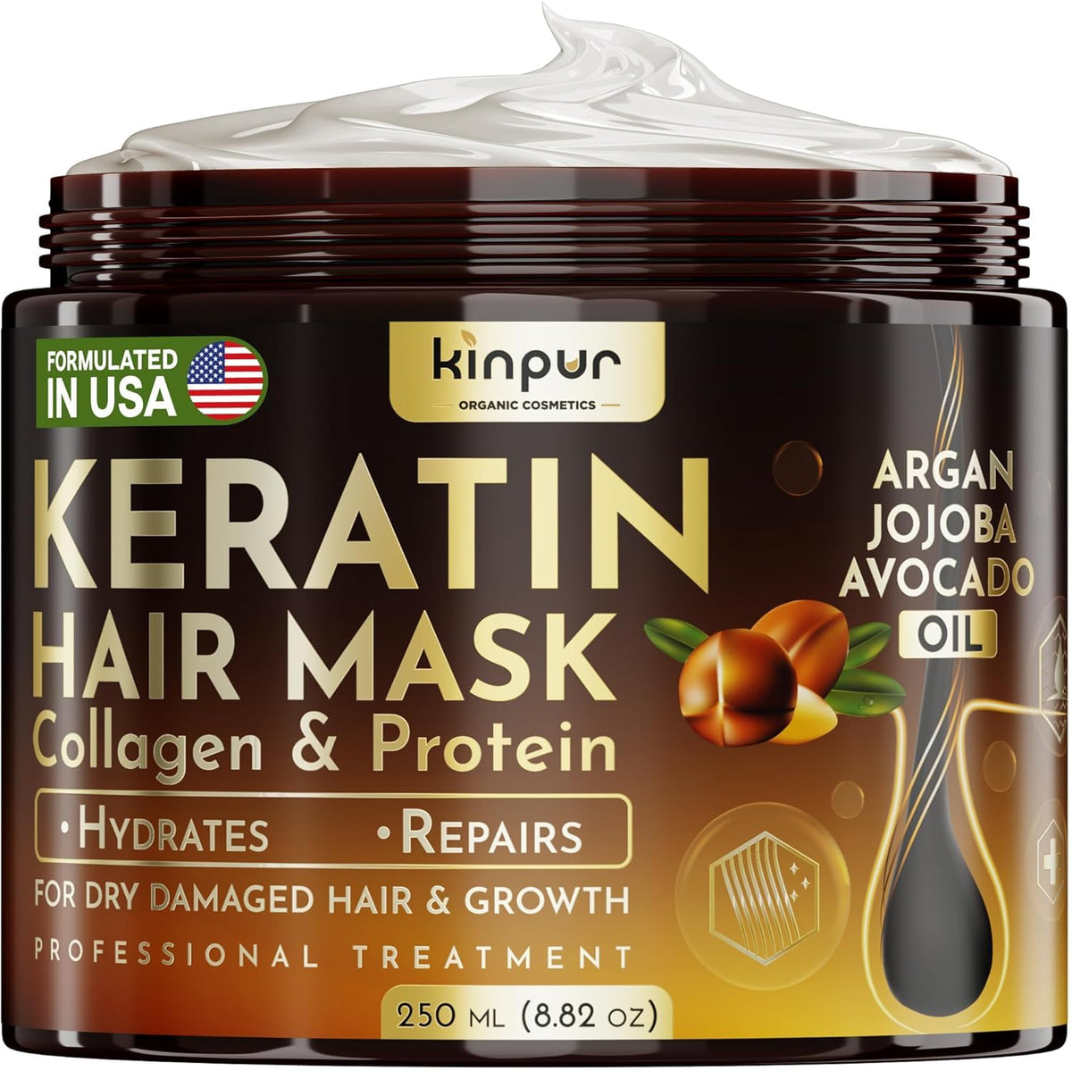 KINPUR Keratin Hair Mask bottle for dry hair provides deep conditioning and shine