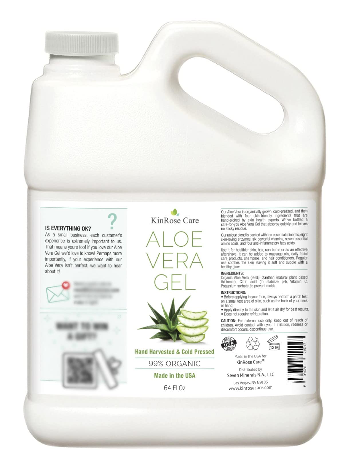 KinRose Care Aloe Vera Gel unscented vegan formula for daily use.