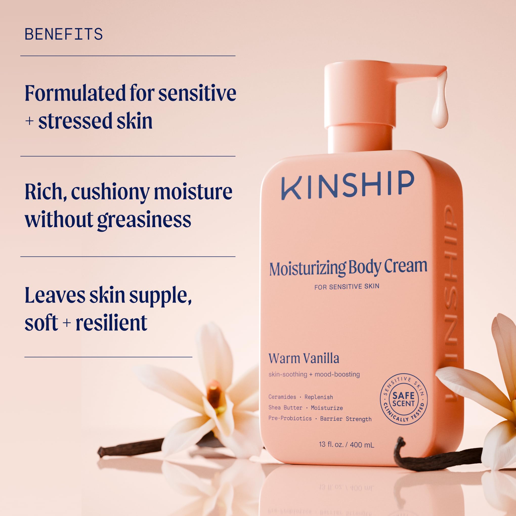 Kinship lotion close-up texture showing rich, creamy moisture for dry skin