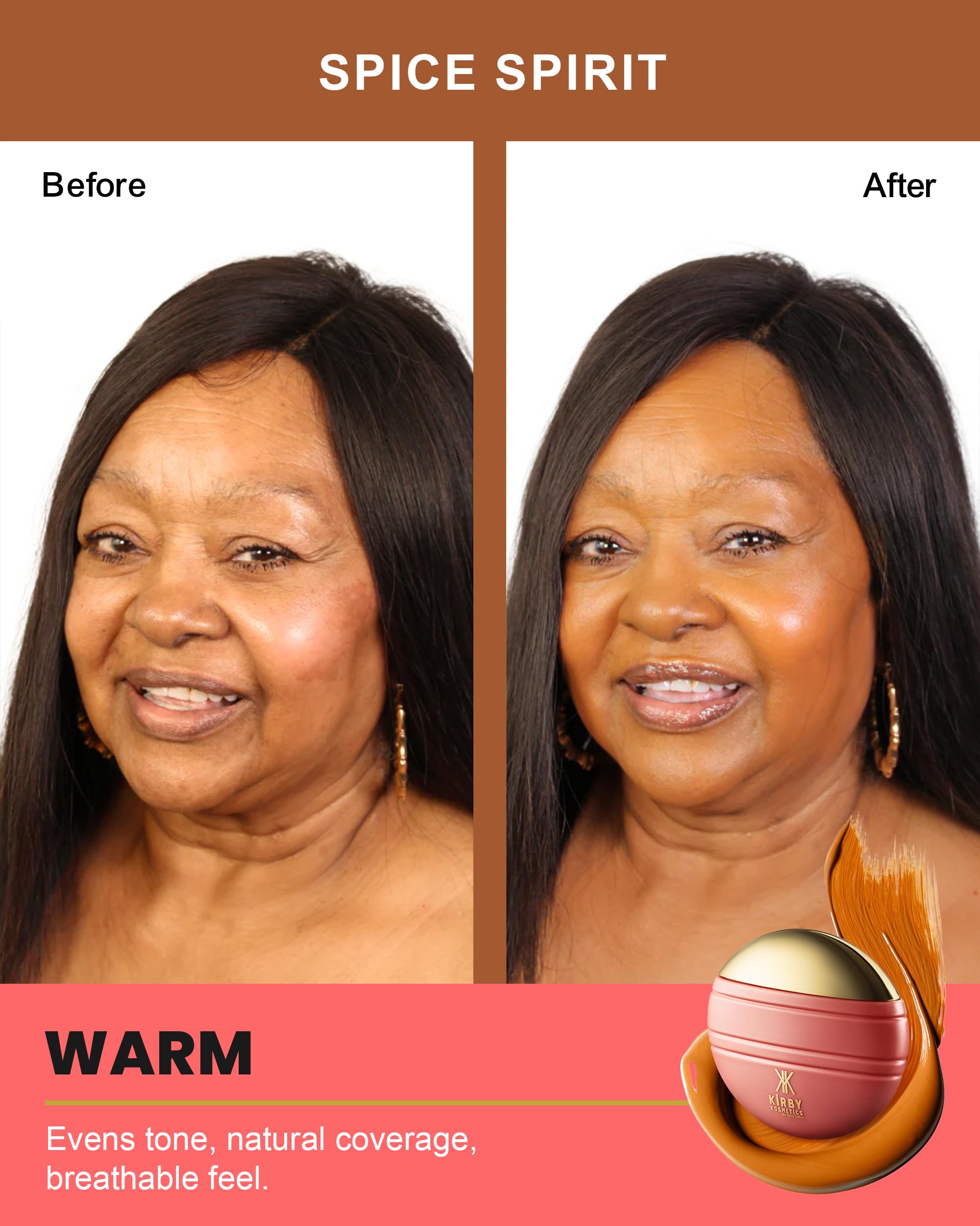 Application of Kirby Kosmetics Konfident Glow Spice Spirit for seamless layering.
