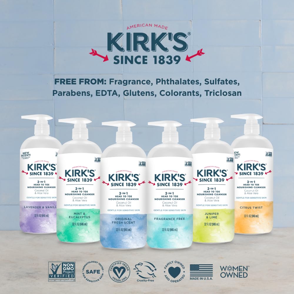 Kirk's 3-in-1 bath-time image highlights easy cleansing routine.