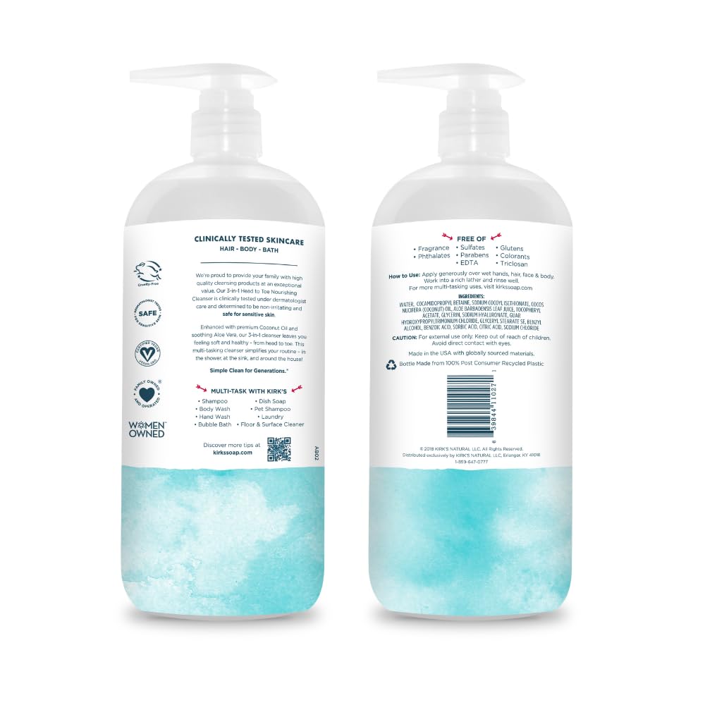 Kirk's cleanser label highlighting coconut oil and aloe vera ingredients
