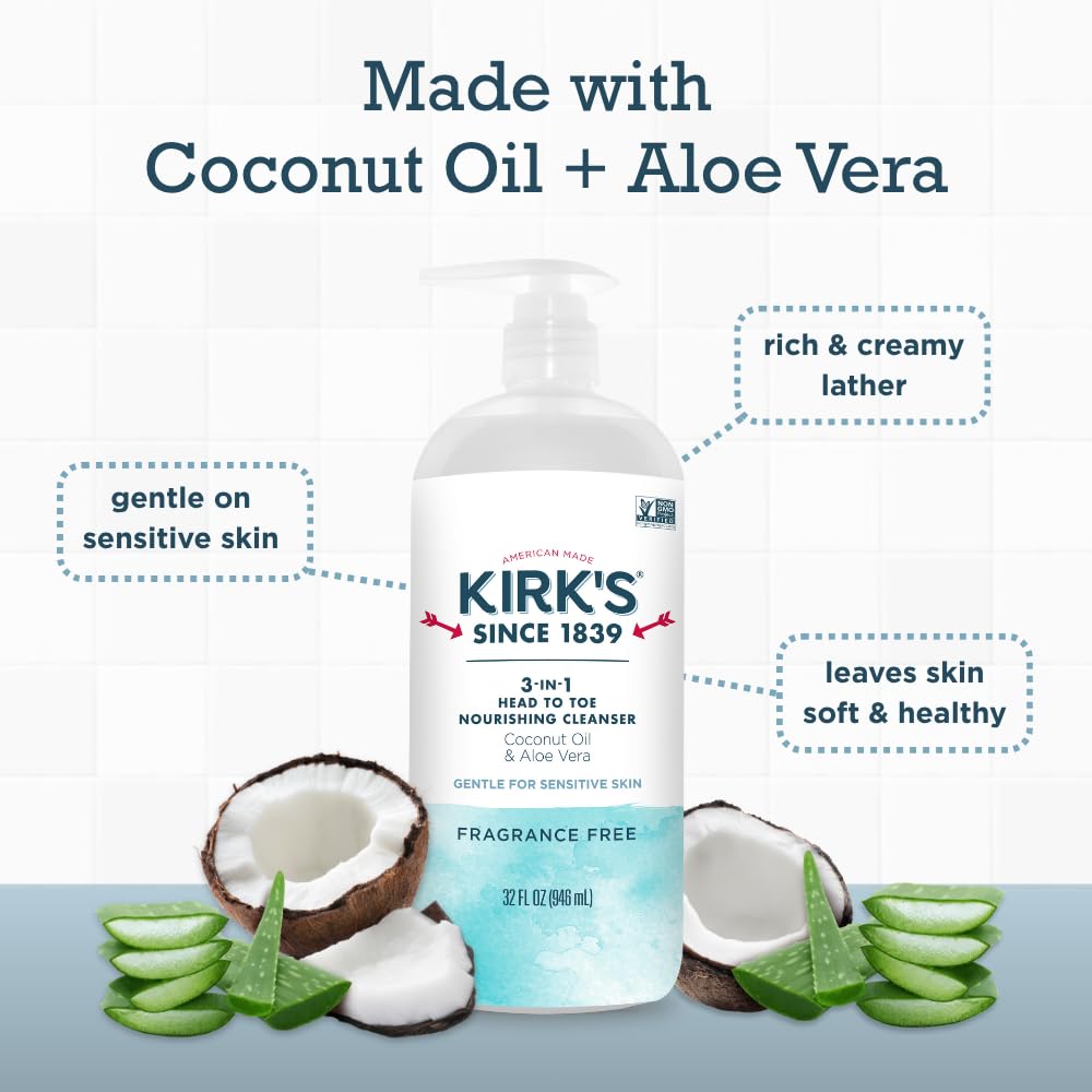 Kirk's 3-in-1 coconut oil ingredients on label suggest moisturizing cleanse.
