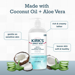 Kirk's 3-in-1 coconut oil ingredients on label suggest moisturizing cleanse.