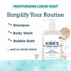 Kirk's 3-in-1 fragrance-free icon signals skin-safe cleansing option.