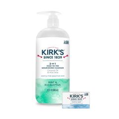 Kirk's 3-in-1 bottle with mint eucalyptus for refreshing, all-in-one cleansing.