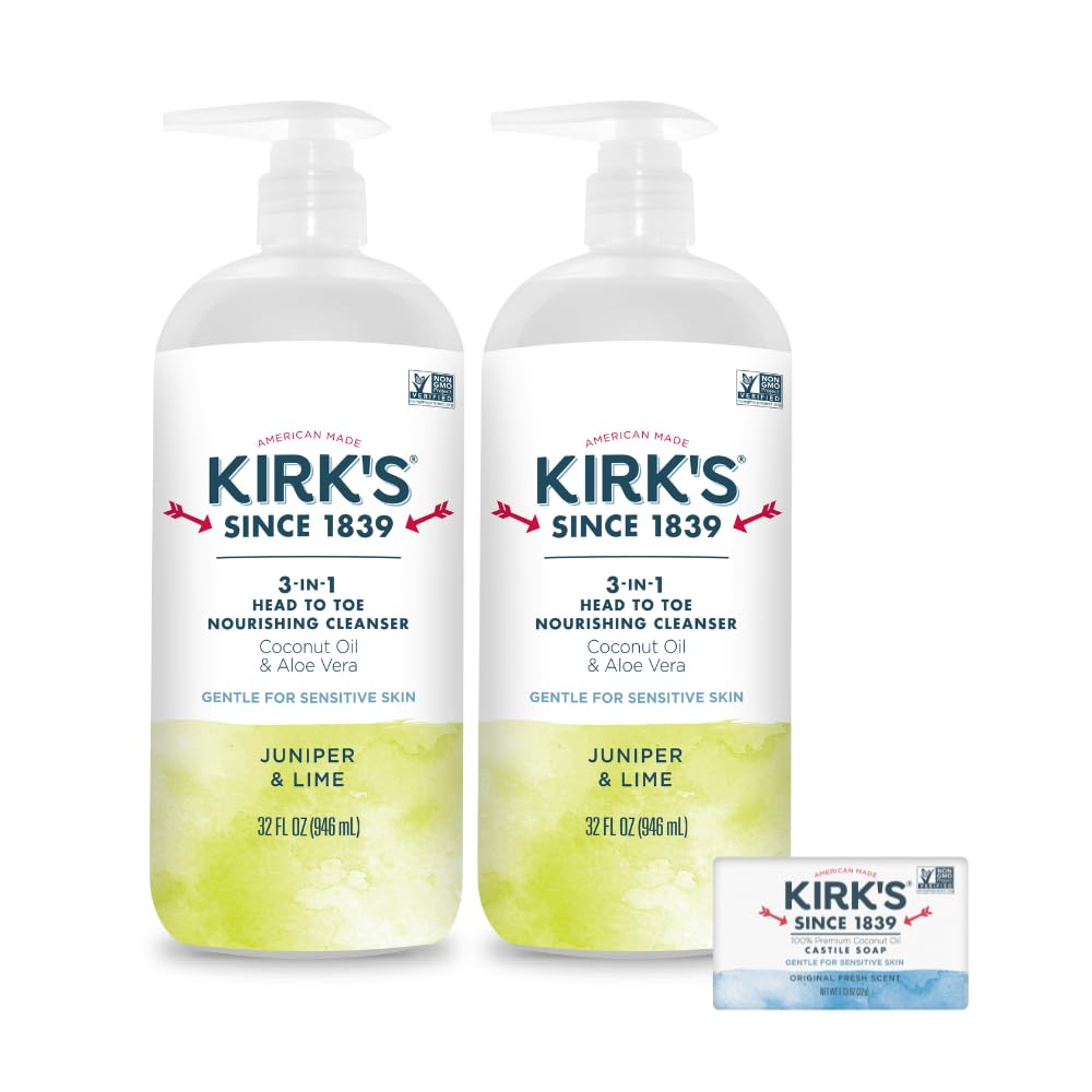 Kirks 3-in-1 bottle front view for head-to-toe cleansing the whole family.