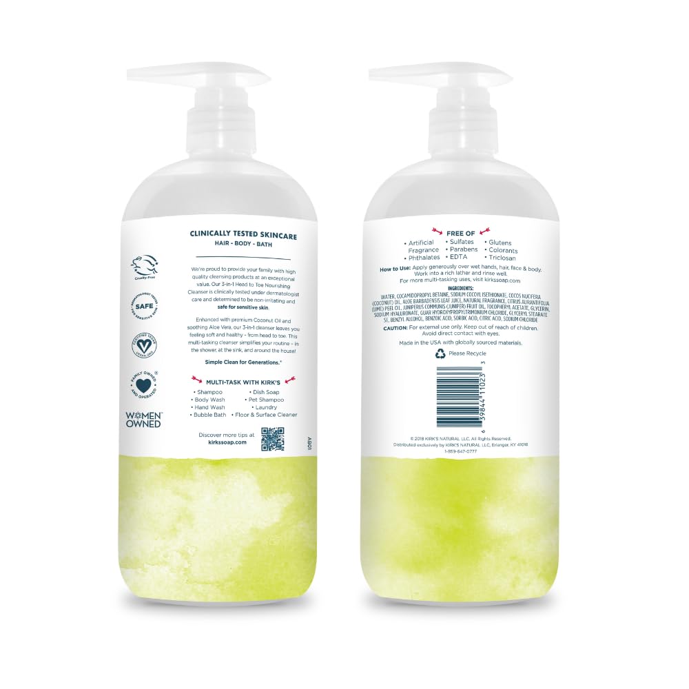 Kirks 3-in-1 bottle with pump, easy everyday use.