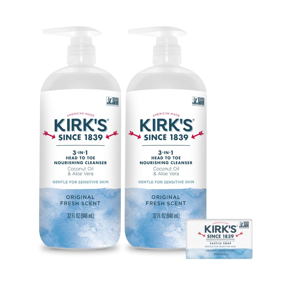 Kirk's 3-in-1 cleanser bottle with pump for head-to-toe use.