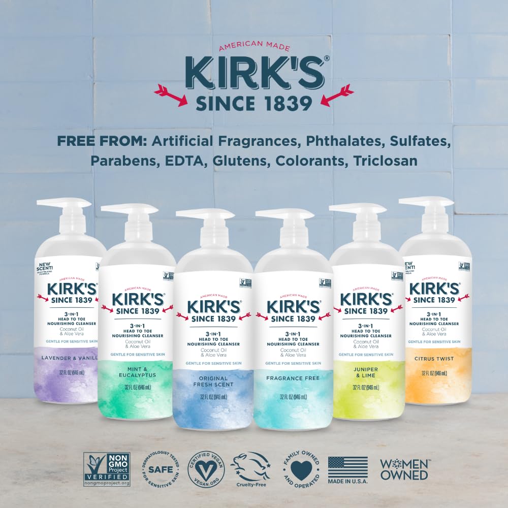 Kirk's bar soap and cleanser layout suggesting versatile head-to-toe care.
