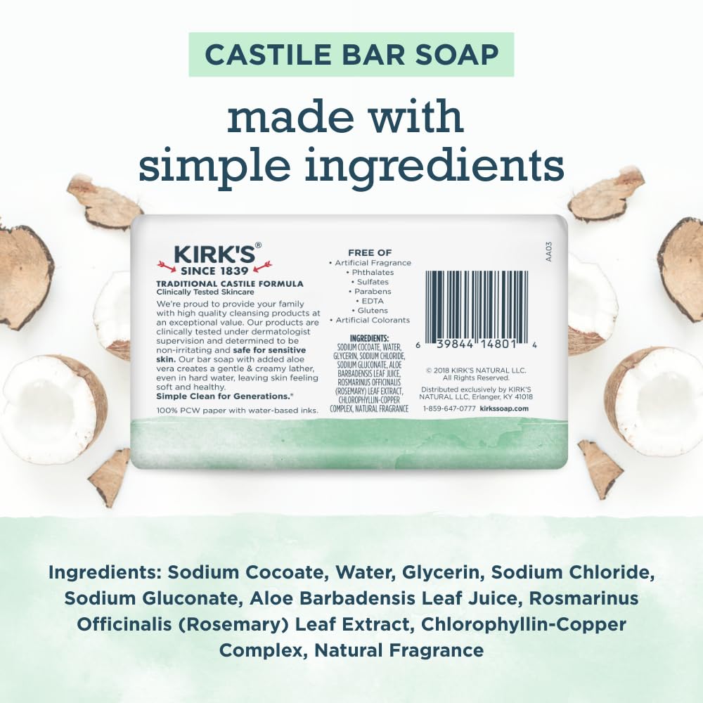 Kirk's Castile Soap Fragrance Free Unscented bar for sensitive skin care.