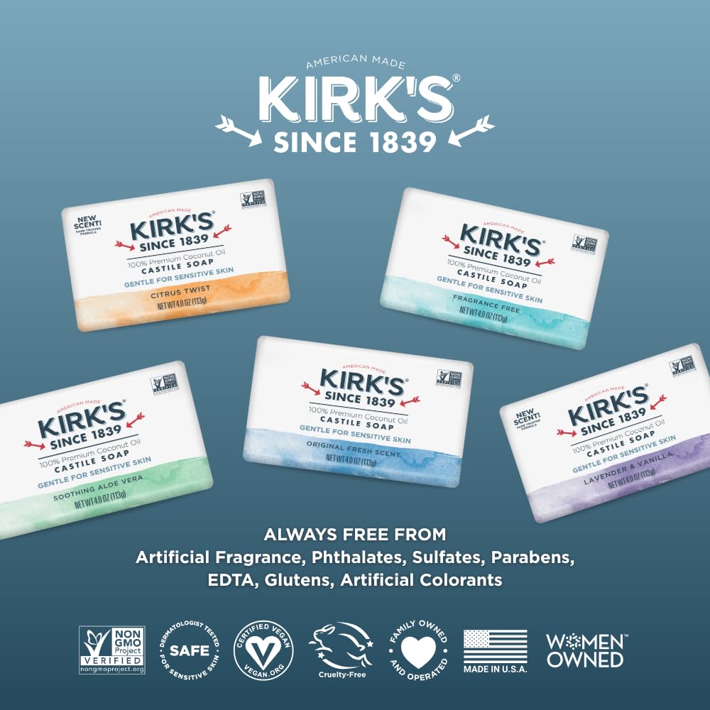 Kirk's Castile Soap Made in America bar reflecting trusted craftsmanship.