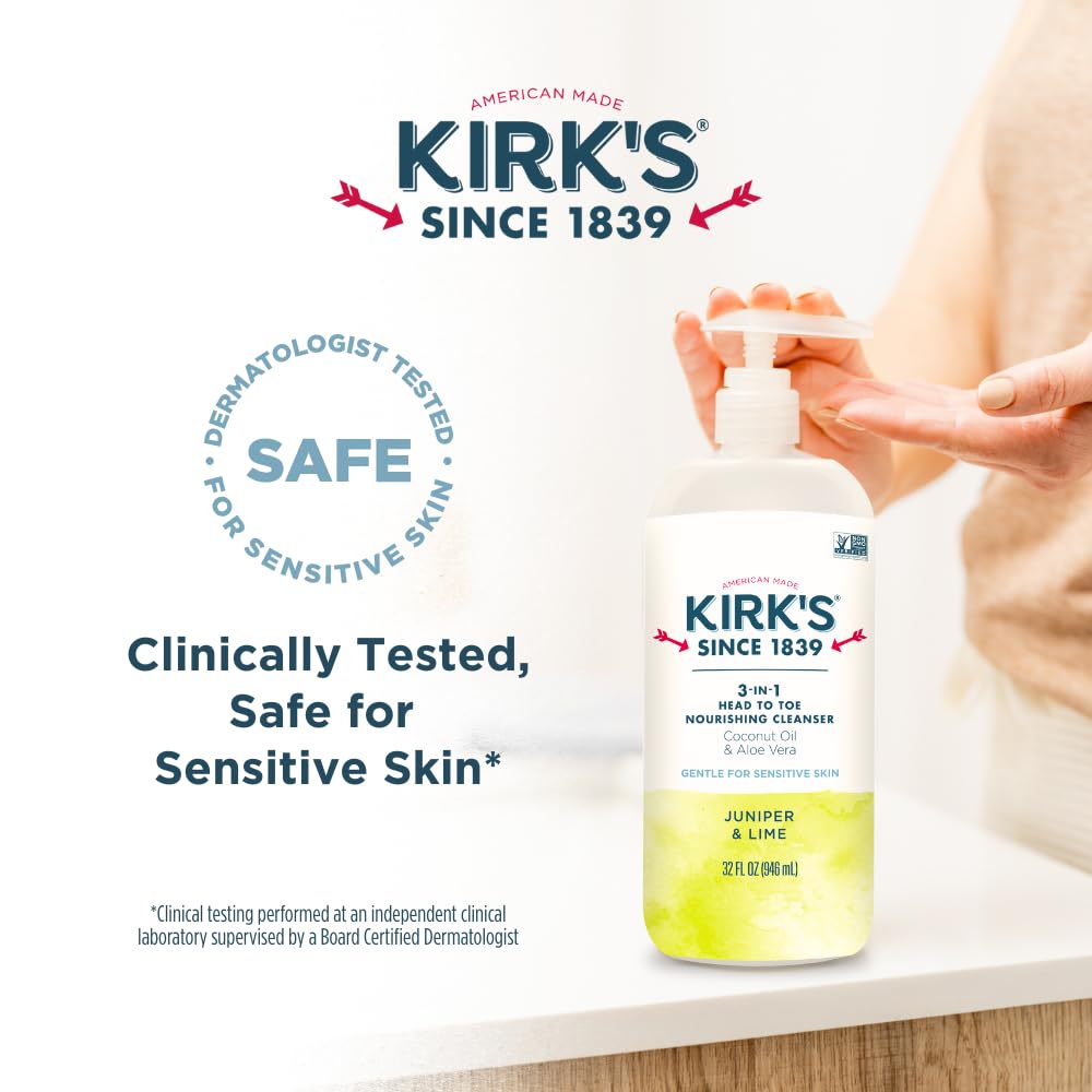 Kirks coconut oil and aloe vera ingredients for gentle cleansing and hydration.