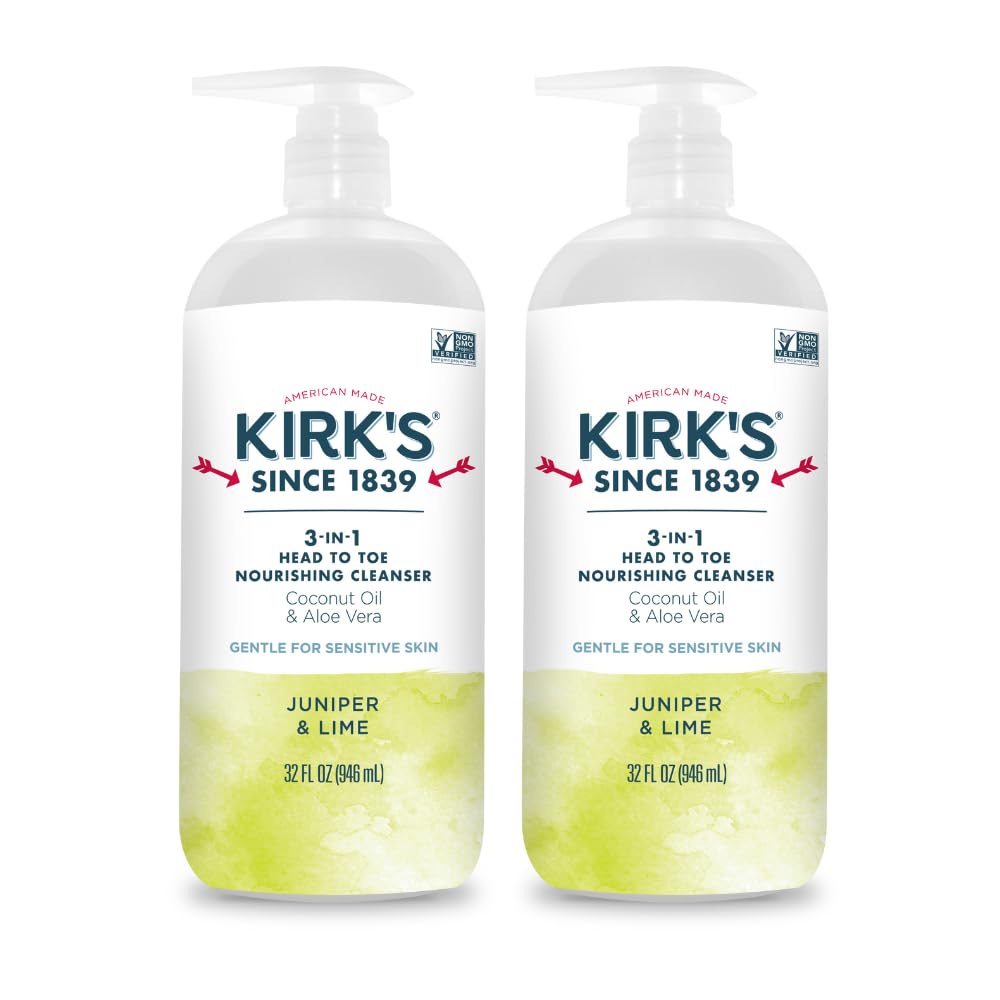 Kirk's 3-in-1 bottle with pump offers easy head-to-toe cleansing.