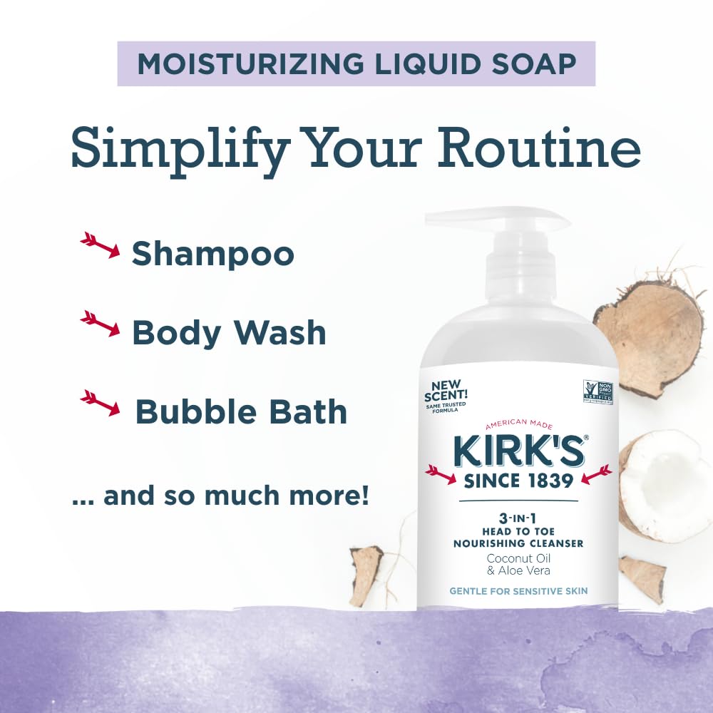 Kirks lavender-vanilla scent bottle for a calming shower experience.