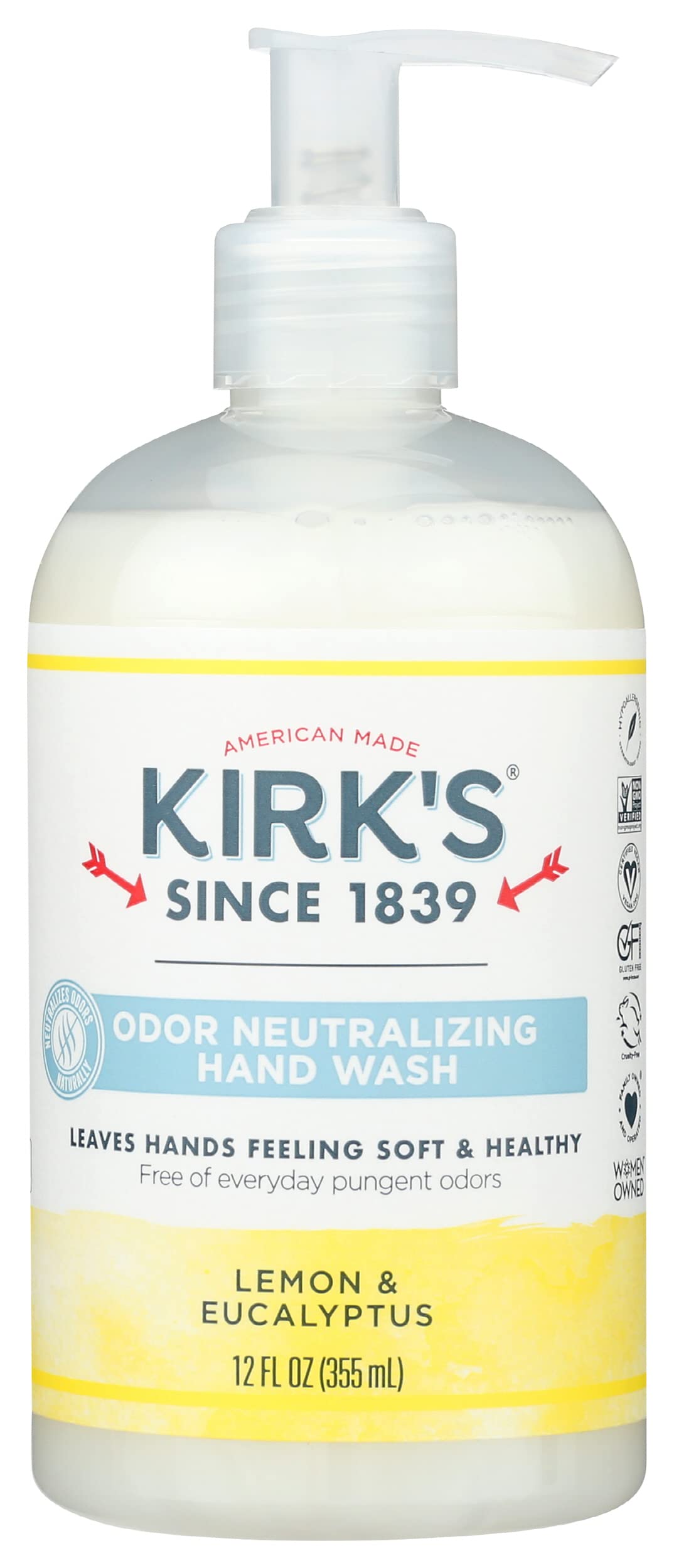 Kirks liquid hand soap bottle with lemon eucalyptus scent for refreshing hand cleaning