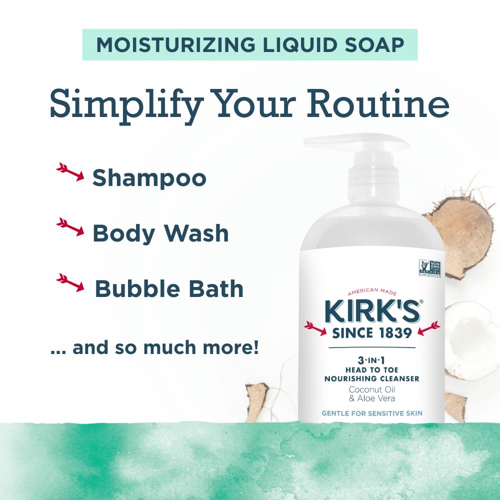 Kirk's coconut oil and aloe vera blend for hydrating daily care.
